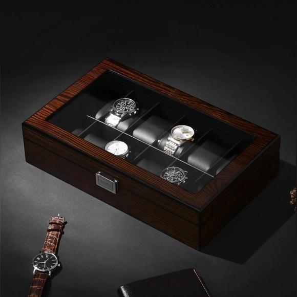 BEWISHOME 12-Slot Watch Box with Glass Window, Brown - Picture 5 of 9